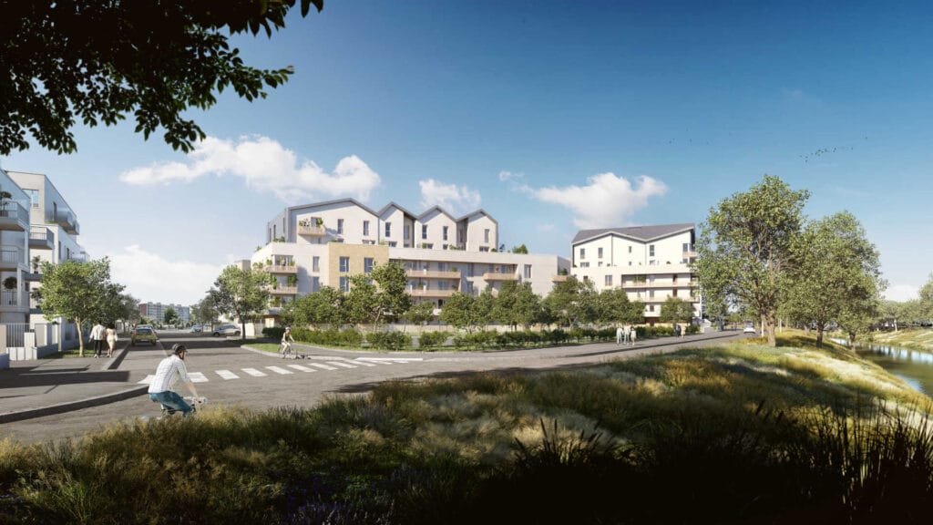 Vue extérieure de la résidence L'Embellie avec architecture moderne en bordure du canal de l'Ourcq à Meaux