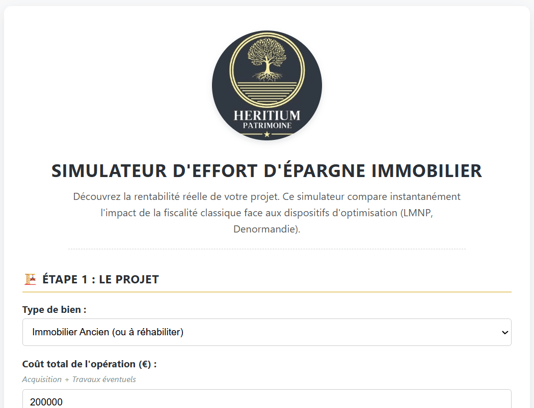 Estimez en quelques clics votre effort d'épargne mensuel réel et comparez instantanément l'impact des différents dispositifs fiscaux (LMNP, Denormandie) pour maximiser la rentabilité de votre investissement immobilier.