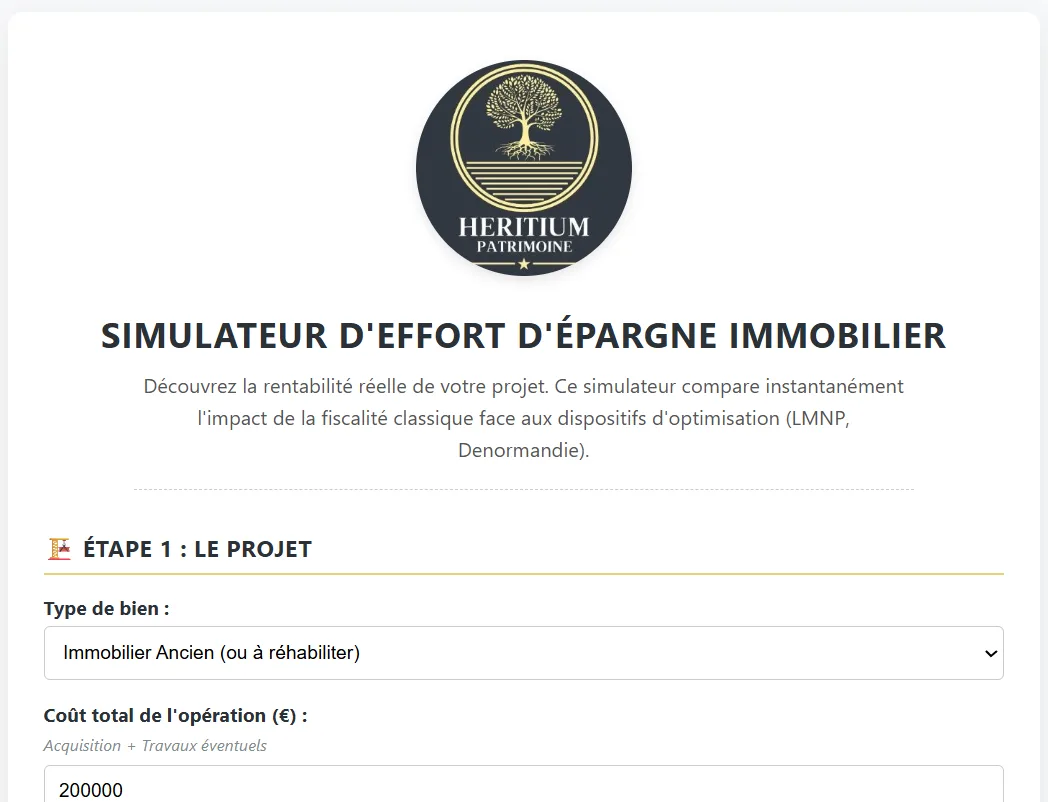 Estimez en quelques clics votre effort d'épargne mensuel réel et comparez instantanément l'impact des différents dispositifs fiscaux (LMNP, Denormandie) pour maximiser la rentabilité de votre investissement immobilier.